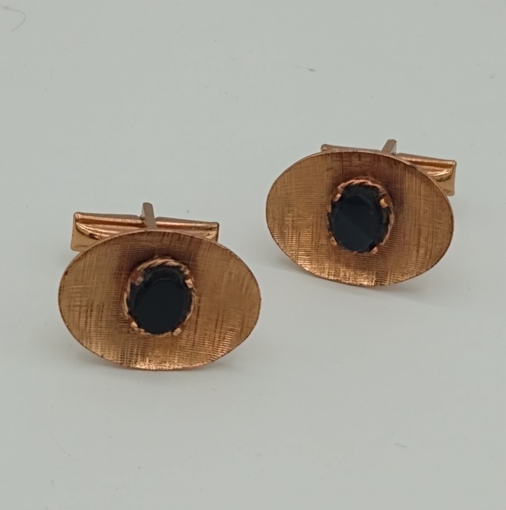 Onyx Center Copper Plated Cufflinks Midcentury Vintage